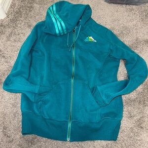 Medium adidas zip up hoodie with pockets blue and green